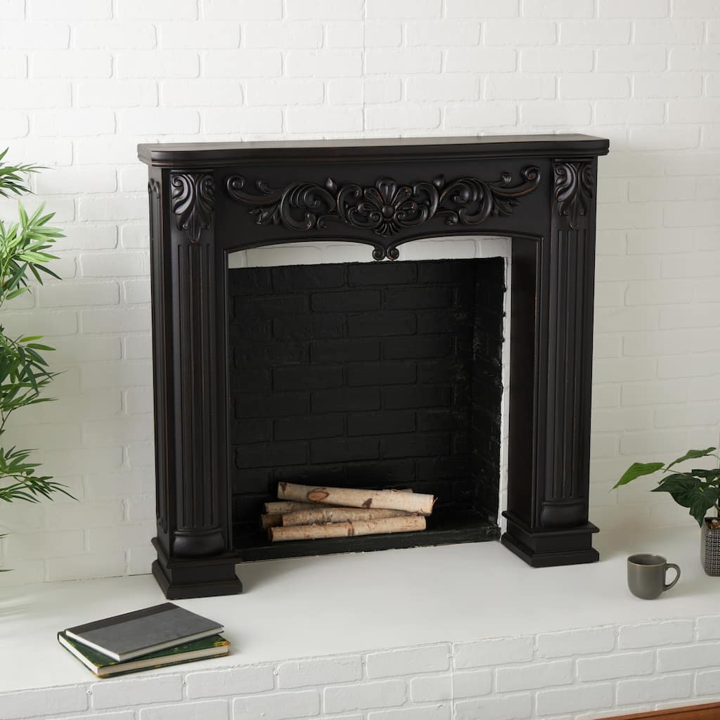Black Wooden Freestanding Scroll Decorative Fireplace Mantle with Floral Accents - 9"W x 45"L x 43"H