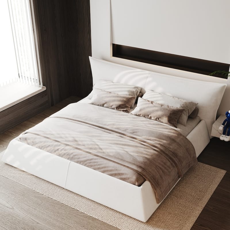 Queen Size Upholstered Platform Bed with Special Shaped Velvet Headboard - Cream