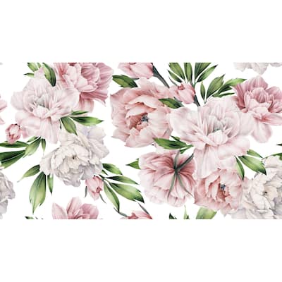 Light Pink and Green Leaves Bermuda Peonies Peel and Stick wallpaper - 24'' inch x 10'ft