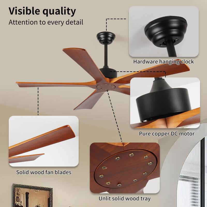 60 Inch Ceiling Fans and Remote, Wood Indoor Outdoor Ceiling Fan with Light for Patios Living Room Bedroom 5 Blades DC Motor