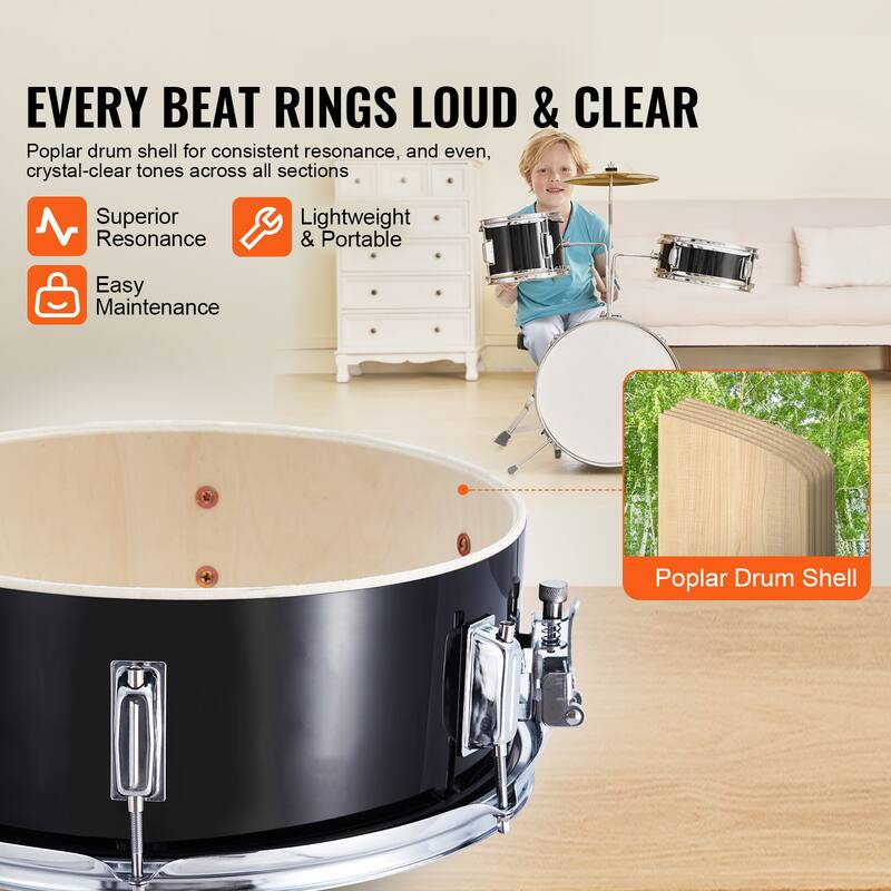Kids Drum Set, 3-Piece, 14 in Beginner Drum Set with Adjustable Throne Cymbal Pedal Two Pairs of Drumsticks - 14 in
