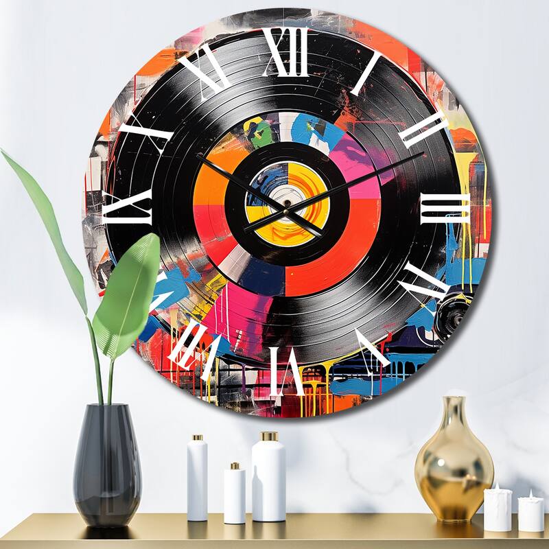 Designart "Colorful Retro Vinyl III" Music Oversized Wall Clock - 23 In. Wide x 23 In. High