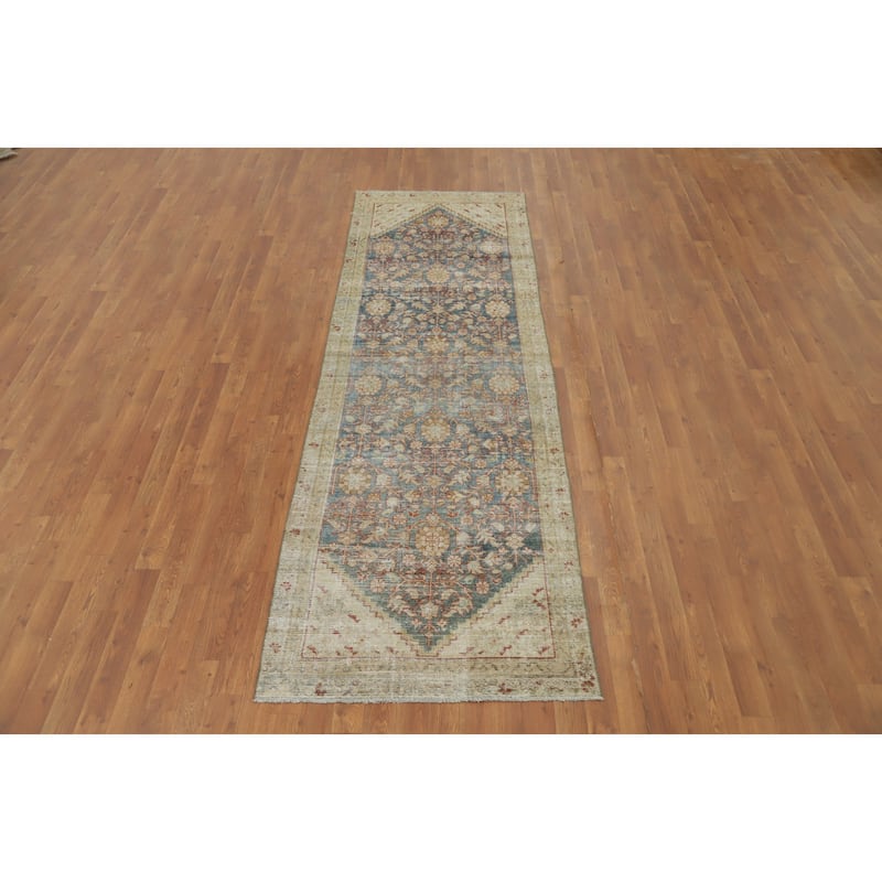 Hand Knotted Oriental 100% Wool Carpet Traditional Floral Navy Blue & Blues Malayer Runner Rug - 9' 5'' X 3' 0''