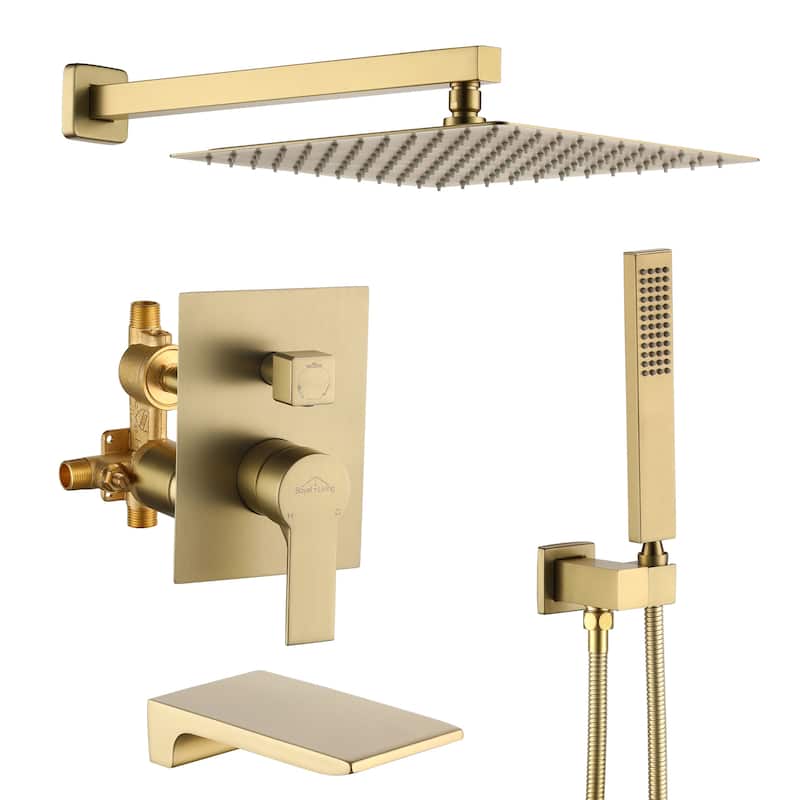 Wall Mount Shower Faucet and Tub Faucet with 10 inch Fixed Shower Head - 12" - Brushed Gold