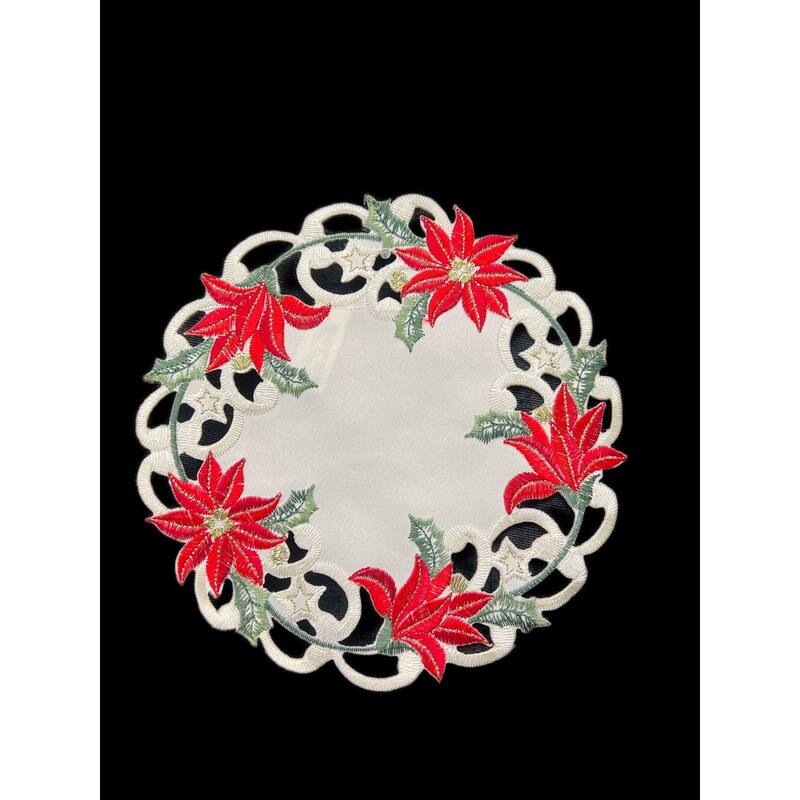 Christmas Poinsettia Embroidered Cutwork Round Placemat, 8" dia.