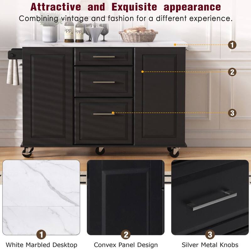 50.7" Kitchen Island with Storage and Concealed Trash Can, Rolling Kitchen Island on 5 Wheels with Drop Leaf, Drawers and Door