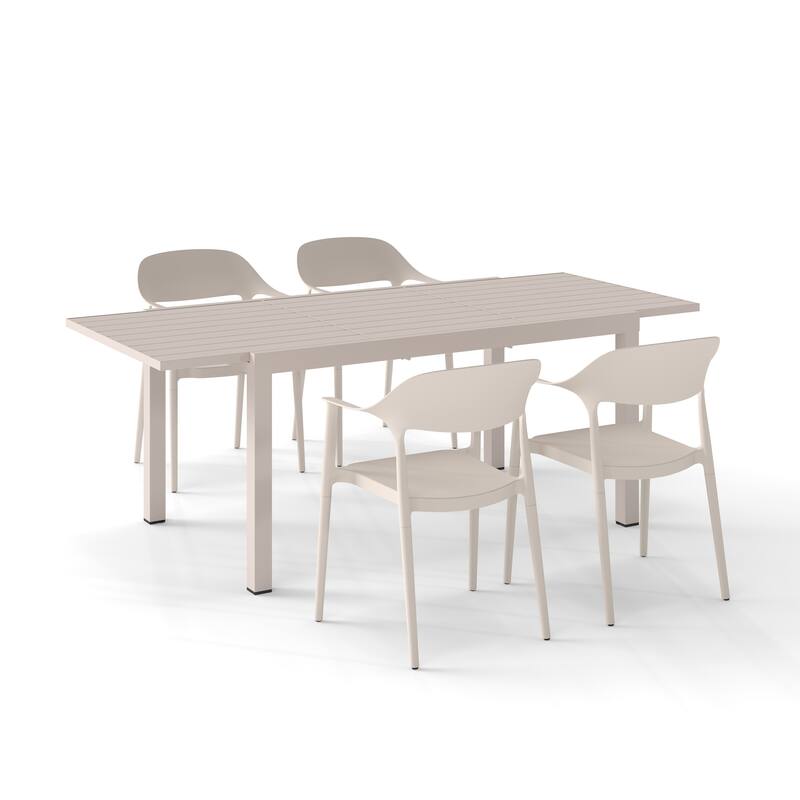 Outdoor Dining Set 5-Piece Stackable Plastic Lightweight Curved Backrest Armchair and Extendable Dining Table