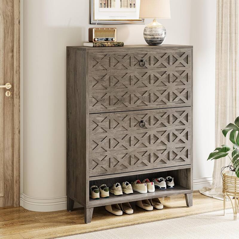 Narrow Hidden Shoe Storage Cabinet with 2 Flip Drawers