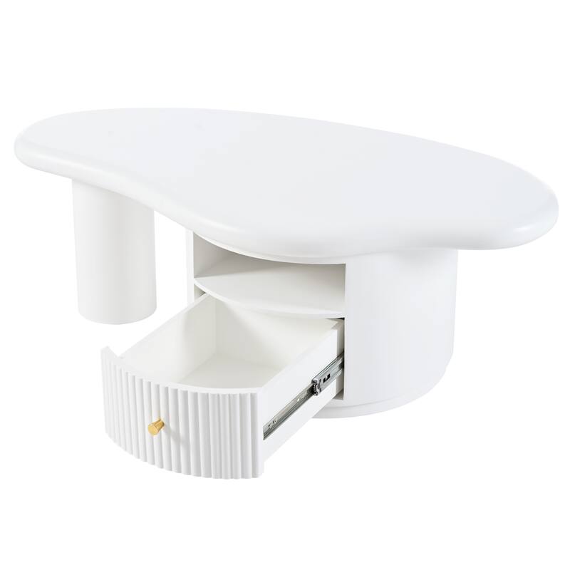 Roomfitters Cloud Coffee Table with Drawer and Open Shelf, Irregular Shape Accent Table for Stylish Living Room, White