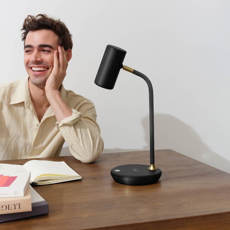 Brightech Ezra 16.5 in. Classic Black Dimmable LED Industrial Desk Lamp with Wireless Charging Pad and Adjustable Lamp Head
