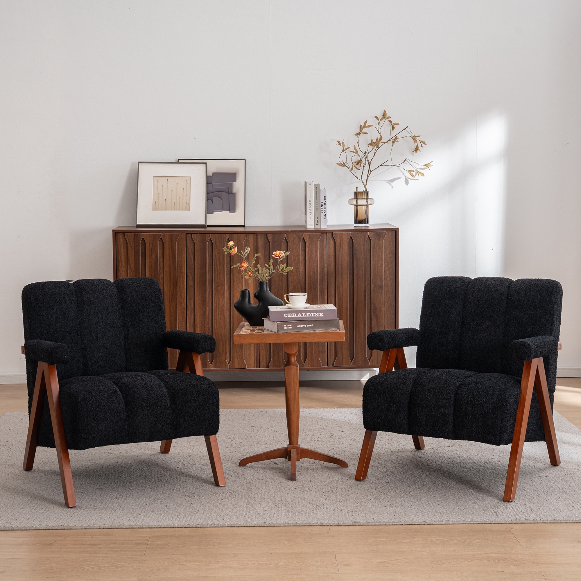 Accent Chair Black Lounge Armchair with Wood Legs, Modern Side Chair Dining Chair Reading Chair Set of 2 Vanity Chair
