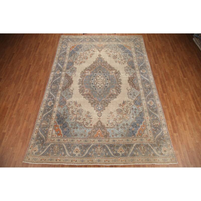 Hand Knotted Oriental 100% Wool Carpet Traditional Medallion Beige & Ivories Tabriz Area Rug - 12' 10'' X 9' 2''