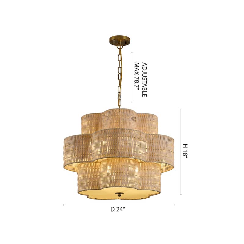 6-Light Brass Chandelier With A Nature Rattan Waved Basket Shade