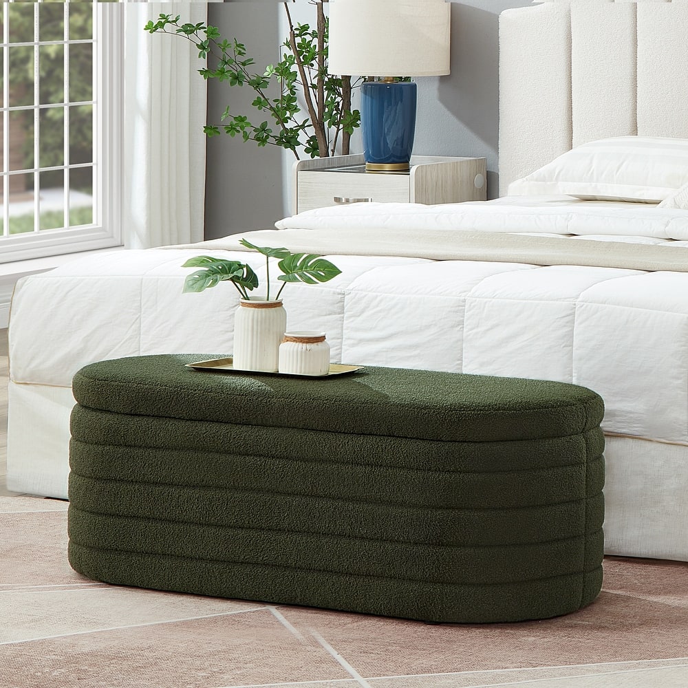 Modern Oval Storage Ottoman Bench for Bedroom, Teddy Fabric Upholstered Bench, End of Bed Stool with Safety Hinge