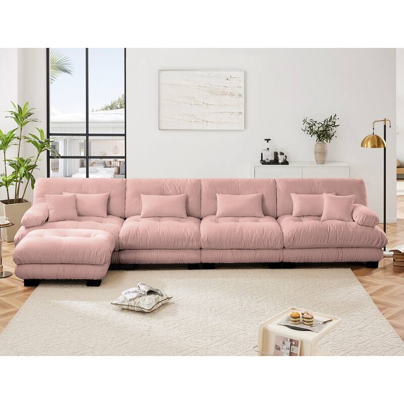 Free Combination Modular Chenille Sectional Sofa Comfy Cloud Couch for Living Room - 4 Seats + 1 Ottoman - Pink