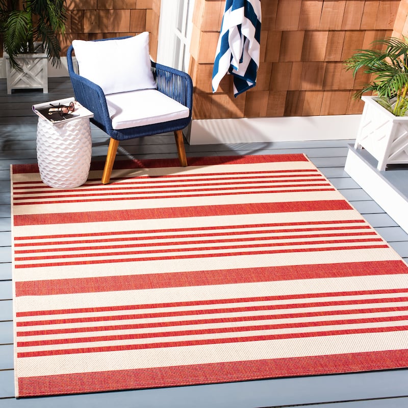 SAFAVIEH Beach House Mecbure Indoor/ Outdoor Waterproof Patio Backyard Rug - 5'3" Square - Beige/Red