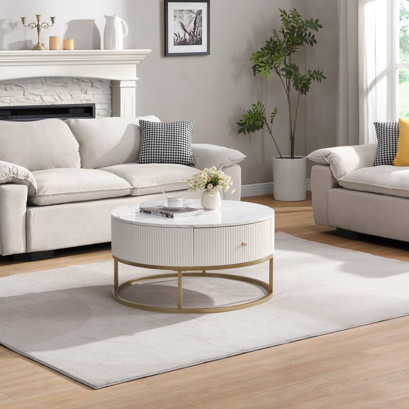 31.5 Inch Round Storage Coffee Table with Drawers, Modern Faux Marble Top Center Table with Metal Base for Living Room