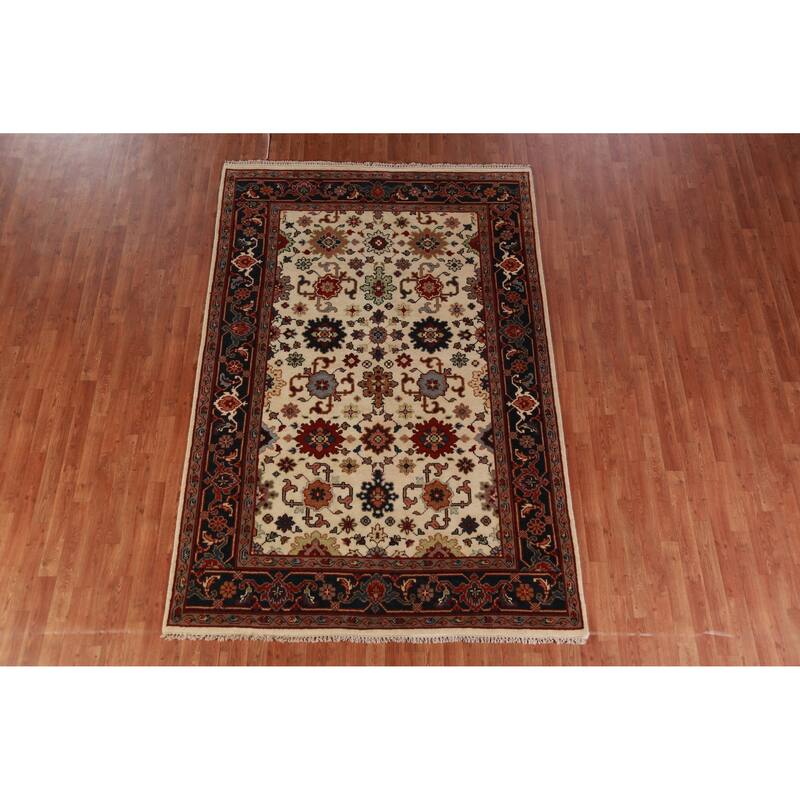 Hand Knotted Oriental 100% Wool Carpet Traditional Geometric Beige & Ivories Ziegler Area Rug - 9' 0'' X 6' 0''