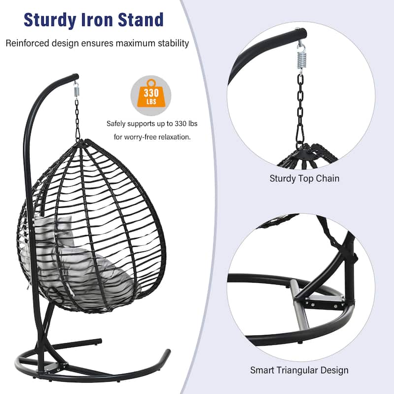 Hanging Hammock Chair with Stand, Foldable Rattan Egg Swing Chair with Iron Frame and Plush Cushion & Removable Headrest