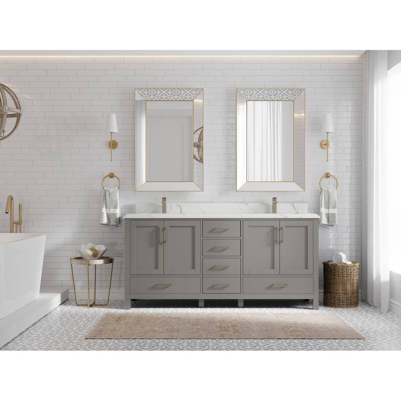 Willow Collection 72 in. W x 22 in. D Malibu Double Sink Bathroom Vanity with Countertop - 1.5" Calacatta Laza - Elephant Skin Gray