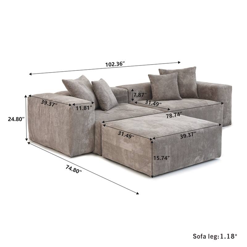 102" Oversized Corduroy Modular Sofa Reversible Couch with Ottoman