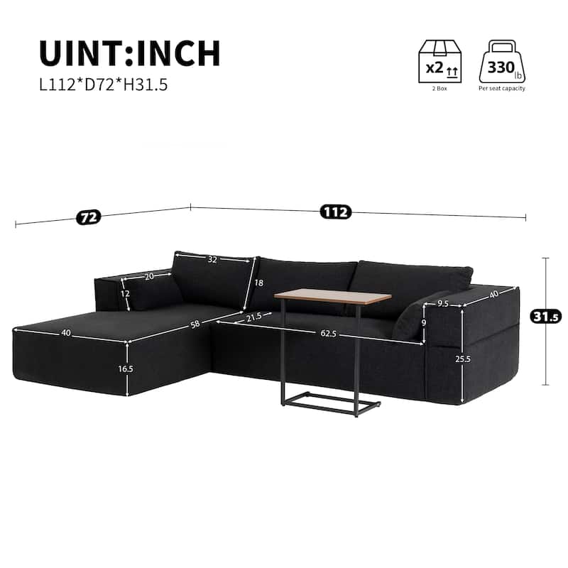 L Shaped Boucle Fabric Sectional Sofa w/ Chaise Lounge, Side Table, Pillows