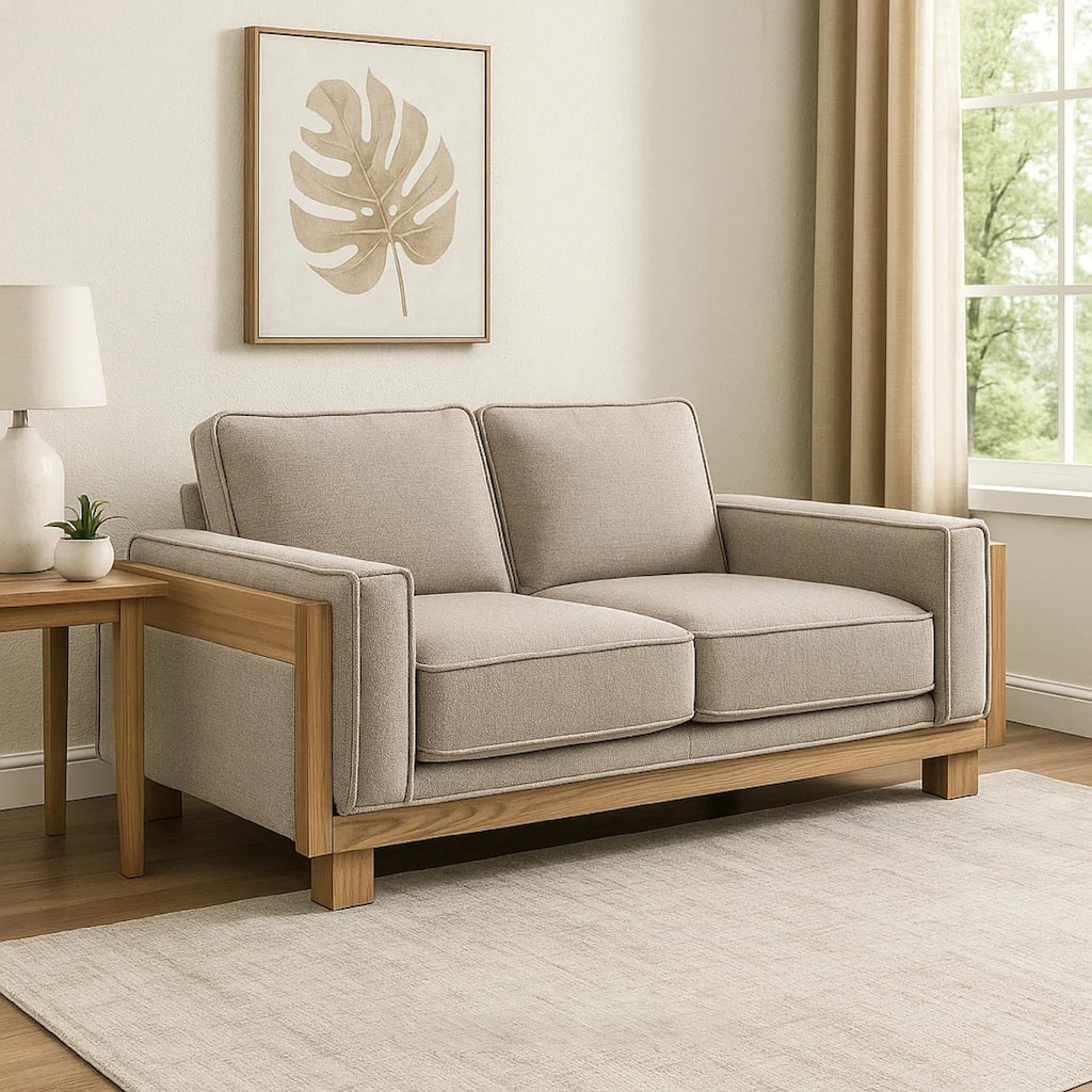 Denu Loveseat, Light Brown Fabric Padded, Welt Trim Details, 70 Inch