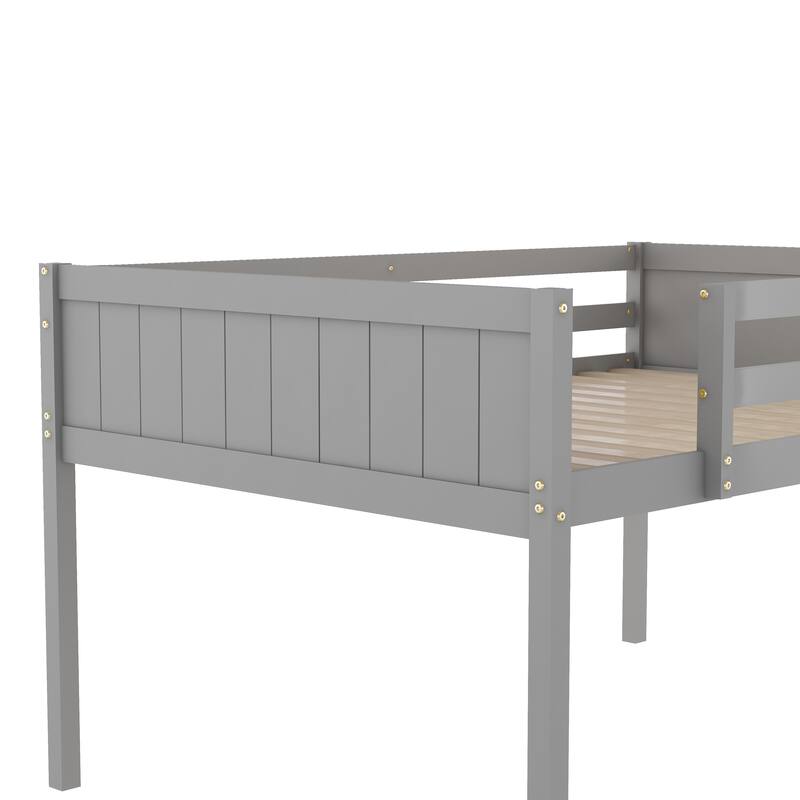 Solid Wood Low Loft Bed with Ladder and Fence