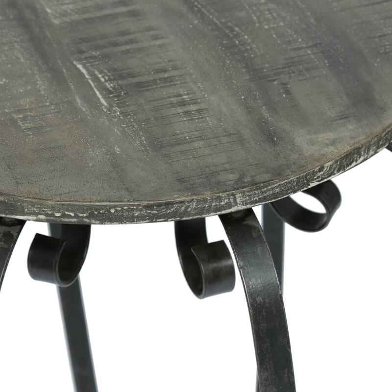 21.25" Modern Round End Table with Curved Metal Frame and Rich Mango Wood Top