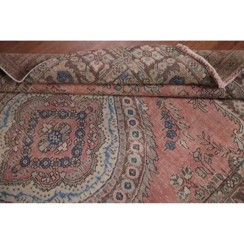Pink Tabriz Vintage Persian Area Rug Hand-Knotted Wool Carpet - 6'8" x 9'9"