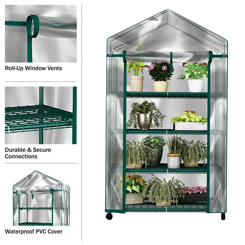4 Tier Mini Greenhouse - Portable Greenhouse with Locking Wheels and PVC Cover for Indoor or Outdoor by Home-Complete - 27.1 x 19.3 x 63.3 - Steel - Portable
