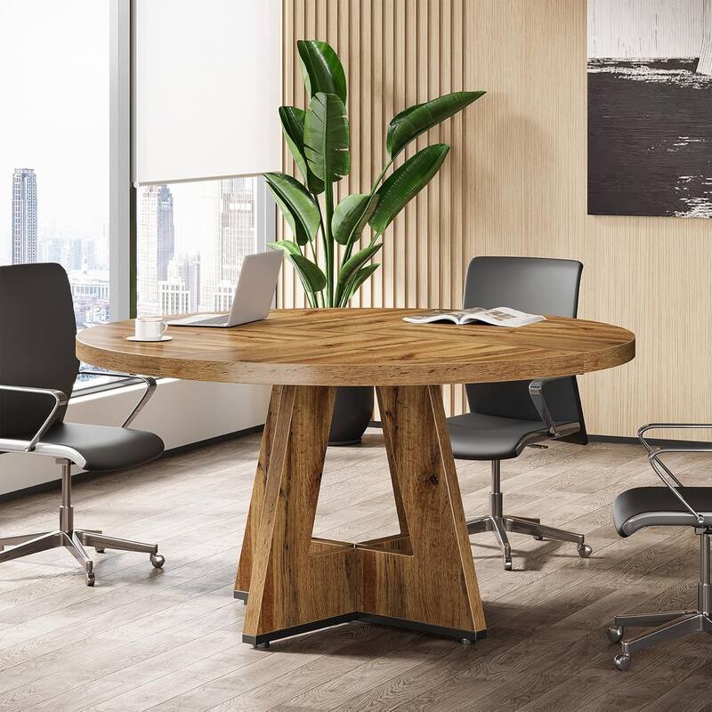 47" Round Conference Table Meeting Room Table with Thickened Top Wood Base Modern Training Desk for Conference/Seminar Room - Taupe