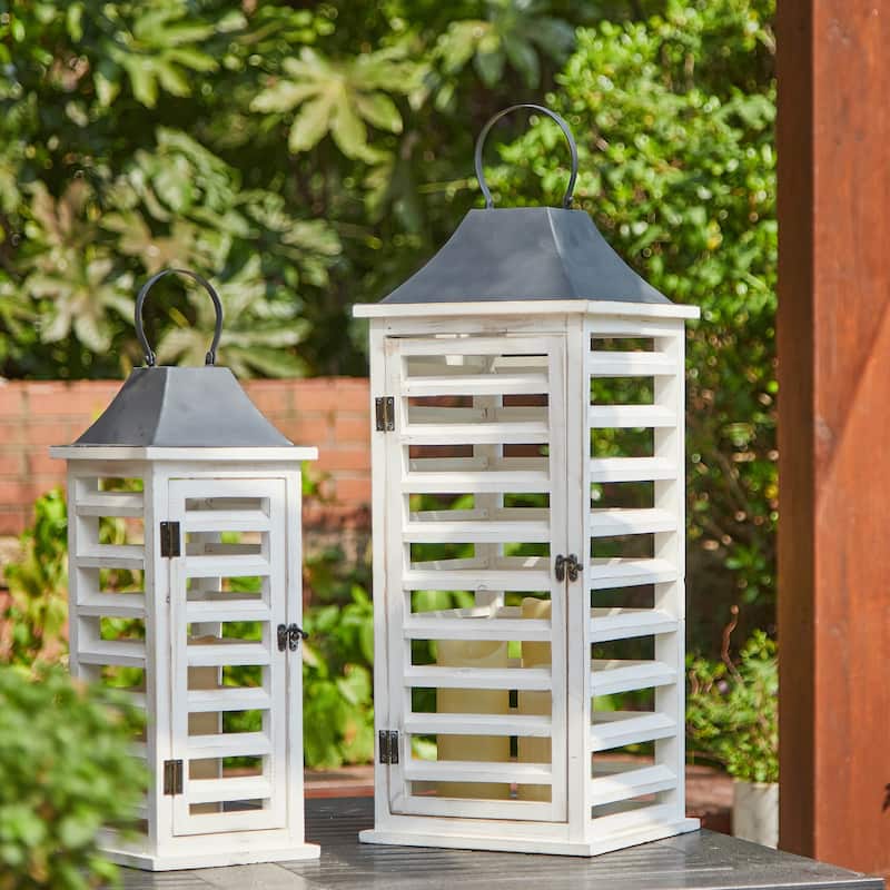 Glitzhome Set of 2 Modern Wooden Shutter Floor Candle Lanterns Fall Wedding Decor