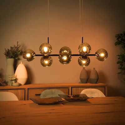 8-Light Modern Linear Glass Kitchen Island Pendant Sputnik Chandelier with Black Smoke Glass Globe