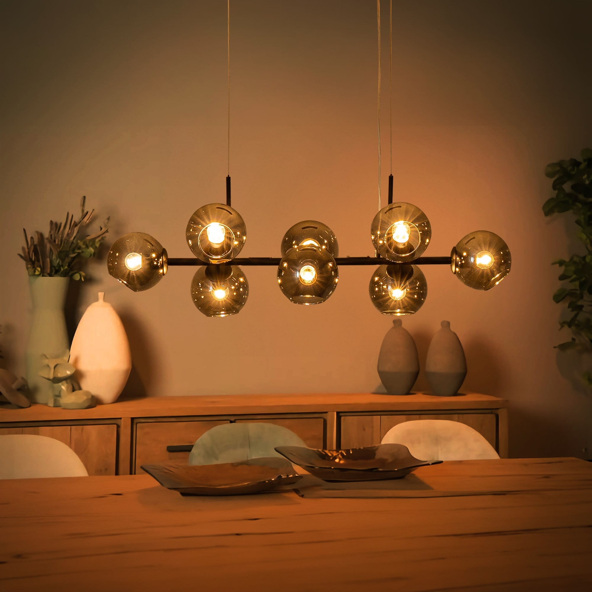 8-Light Modern Linear Glass Kitchen Island Pendant Sputnik Chandelier with Black Smoke Glass Globe
