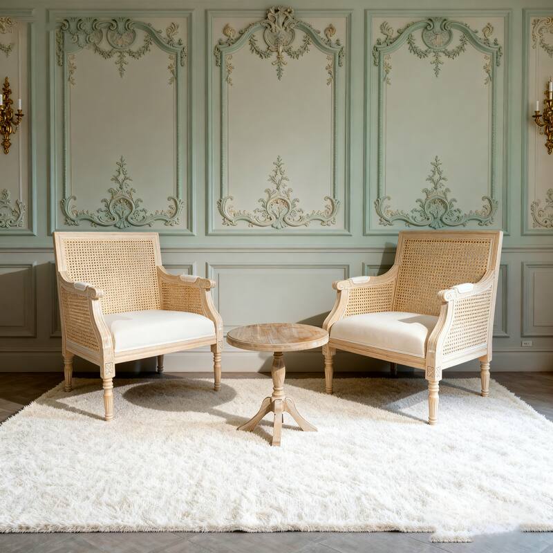 GDFStudio - Classic French Traditional Cotton Linen Upholstered Accent Armchair with Rattan Backrest & Contoured Armrests