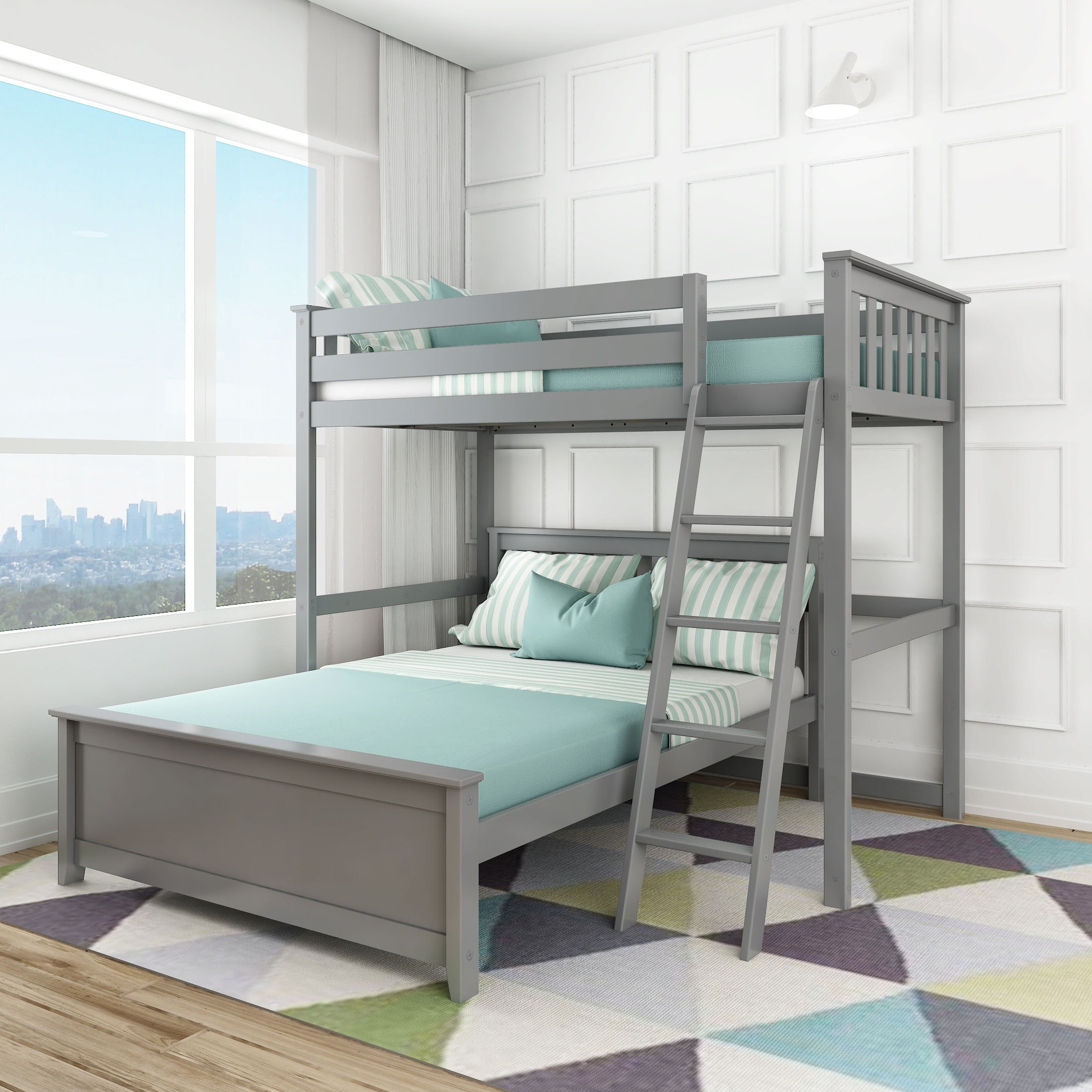 Gray wood bunk bed with ladder and mint green bedding; lower bed with striped pillows; modern bedroom