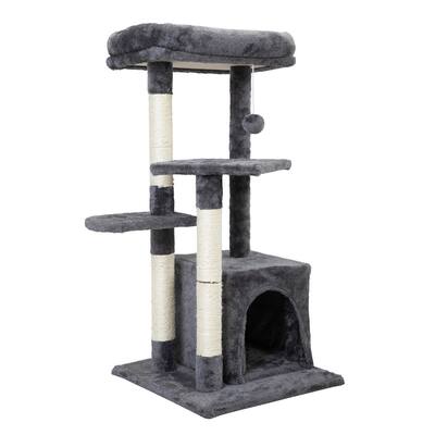 31.4" Cat Tree Dark Gray Double-Level Cat Tree Whit Multi-Post Activity Tower and Cozy Pet House