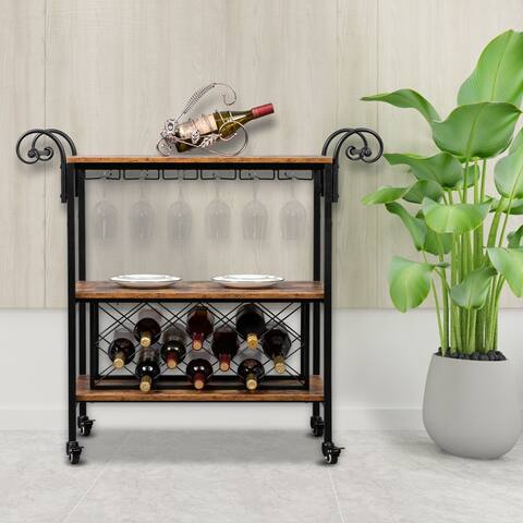 Double-Armres Fire Pattern Density Board Movable Iron Wood Wine Cart