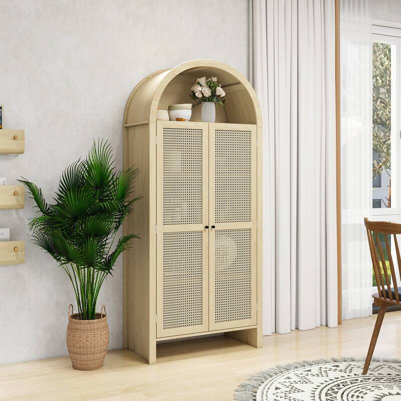 GDFStudio - Arched Natural Rattan Tall Pantry Storage Cabinet with Adjustable Shelves
