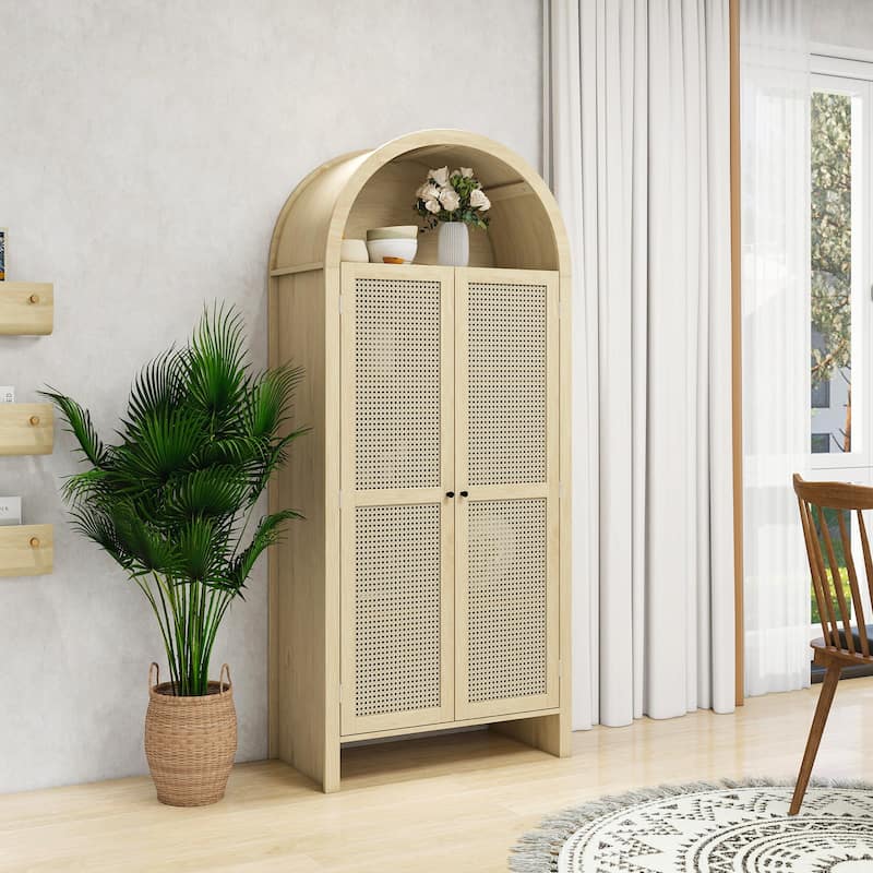 Roomfitters 70.28" Tall Arched Kitchen Pantry Cabinet, Modern Farmhouse Storage Cabinet with Glass Doors, Natural