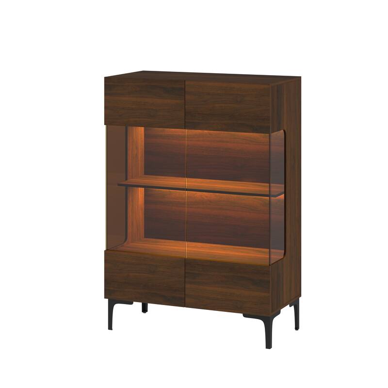 Walnut Glass Bookcase Bookshefl w/Cabinet Storage LED Display Shelves Bathroom or Living Room - 31.5"x45.3"