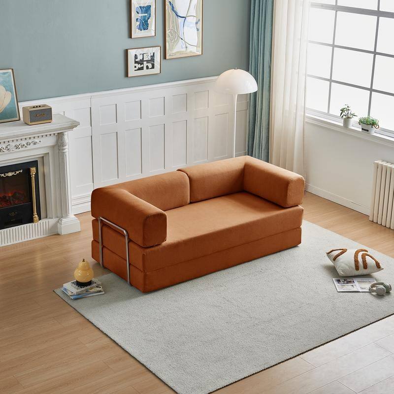 3-Seater Corduroy Sofa Bed, Multi-Functional Compact, Easy Assembly - Orange