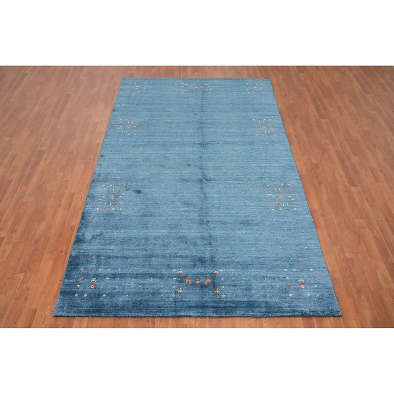 Hand Knotted Oriental Viscose Silk Carpet Tribal Animal Pictorial Navy Blue & Blues Gabbeh Area Rug - 9' 9'' X 5' 11''