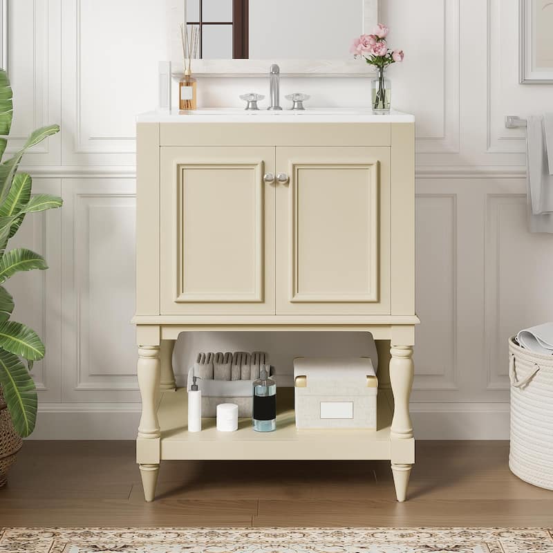 24" Modern Luxury Bathroom Vanity with Ceramic Sink, Compact Cabinet with Open Shelf & Closed Storage