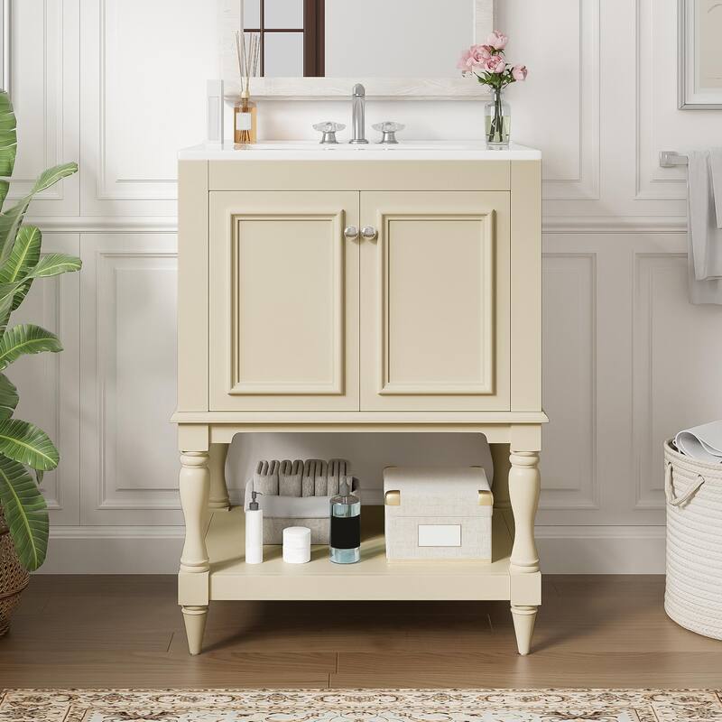 24 inch Modern Luxury Bathroom Vanity with Ceramic Sink, Bathroom Cabinet with Open Shelf and Closed Storage