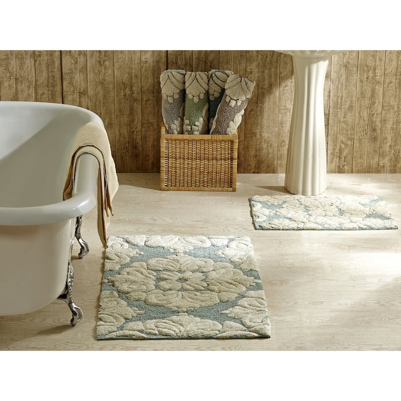 Better Trends Medallion Tufted Bath Mat Rug 100% Cotton - 2 Piece Set (17" x 24" | 24" x 40") - Blue/Natural