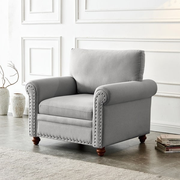 slide 2 of 18, Modern Fabric Upholstered Sofa with Wood Leg, Rolled Arm Single Seat with Nails Grey