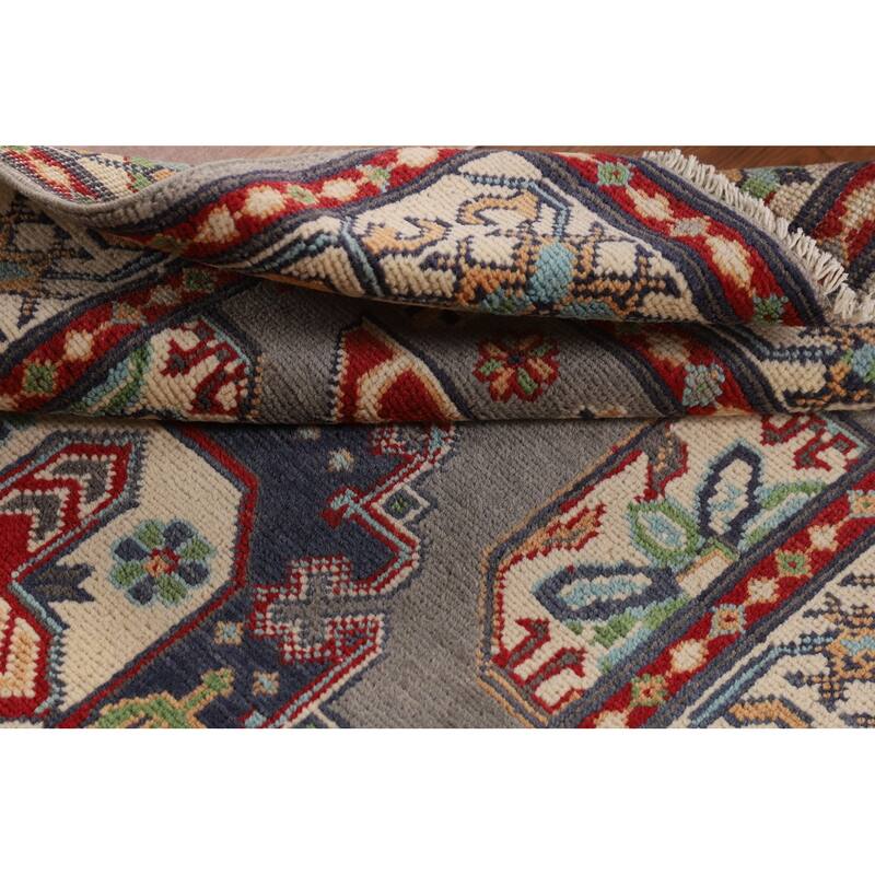 Geometric Kazak Accent Rug Handmade Grey Wool Carpet - 3'1" x 5'1"