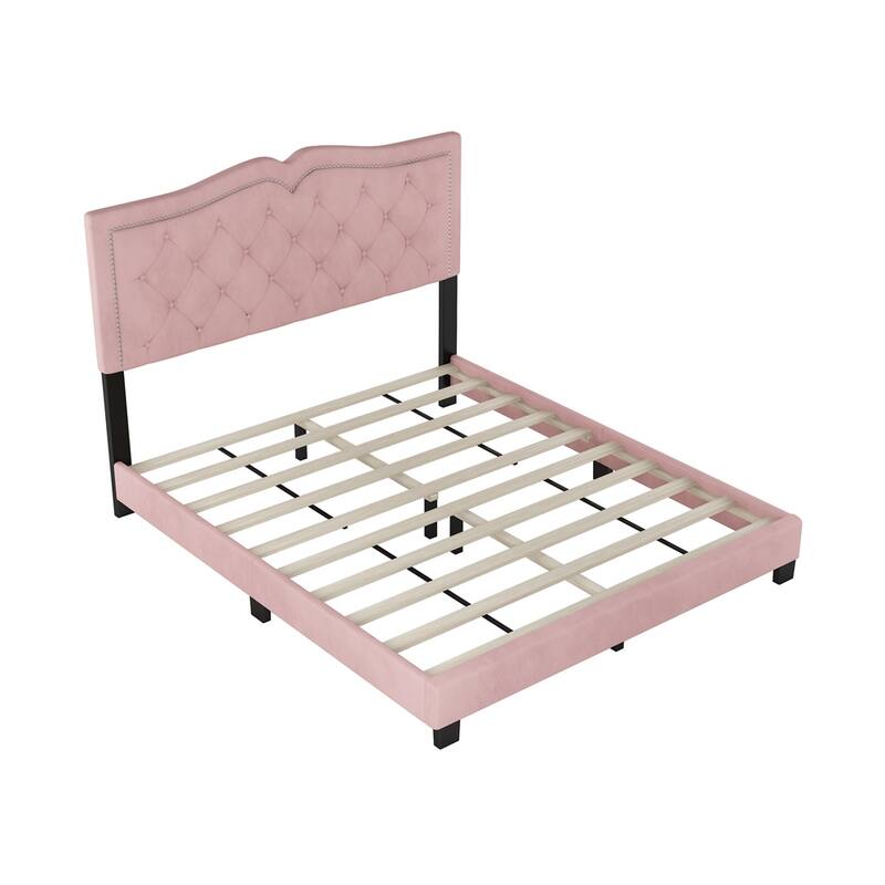Queen Size Upholstered Bed Frame with Rivet Design,Tufted Headboard